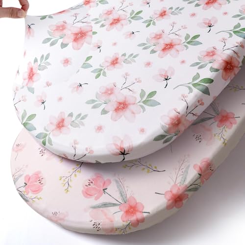 Image of Stretch Fitted Bassinet Sheet Set BROLEX 2 Pack Cradle Sheets for Bassinet Pad/Mattress,Unisex Boys Girls,Ultra Soft,Pink Blossom