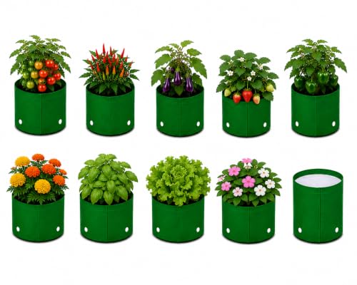 Image of Grow Bags for Terrace Gardening, Premium HDPE Green-Orange Large Planters for Fruit Trees, Vegetables, Flowers & Home Garden Pack of 10(8x8)