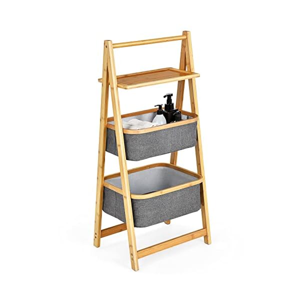 GIANTEX Badezimmer Regal mit 2 Körben, Badregal Bambus mit Ablage, Wäscheregal Wäschekorb Wäschesack aus Stoff, bis 20 kg belastbar (jedes Korbs), Bambus Regal Mehrzweck-Badezimmerregal 44x34x98 cm