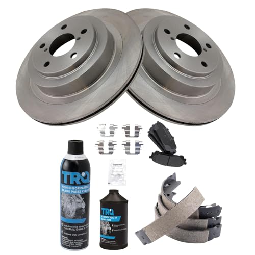 Image of TRQ Rear Brake Pad & Rotor Kit, with Chemical Kit Parking Brake Shoe Set Semi-Metallic Compatible with 2006-2007 Subaru Impreza