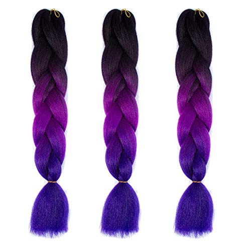 Feibin 全30色 ウィッグ エクステンション 3本セット ブレイズ 編み込み グラデーション 三つ編み ヘアアクセサリー 盛りアップ つけウィッグ かつら 毛束 ウィッグ つけ毛 ヘアアクササリー ヒップ ホップ レゲエ ダンス ヘアアレンジ(49#パープル)