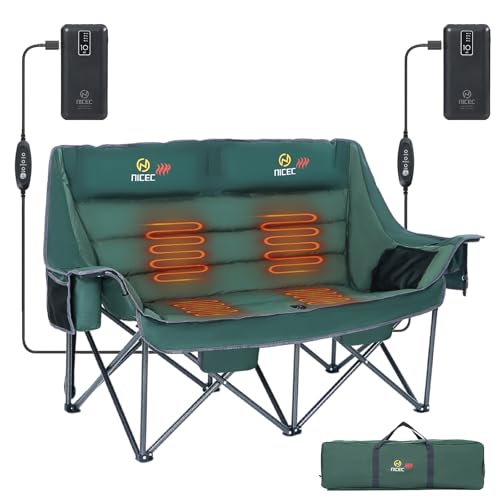 Nice C Heated Camping Chair with Battery, Heated Double Camping Couch, Oversized Thick Padded Loveseat, Heated Camping Chair for Adults, with Cooler Bag, Bottle Opener, Power Bank (Green)