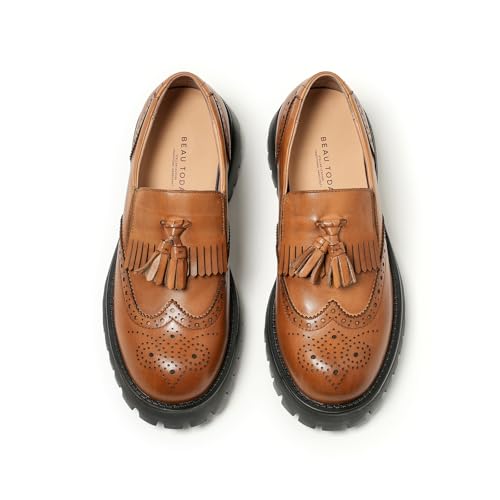 Image of BEAU TODAY Chunky Loafers for Women, Women's Leather Platform Loafers, Lug Sole Tassel Slip On Loafers Shoes Brogues Wingtip Casual Business Shoes Comfortable Dressy