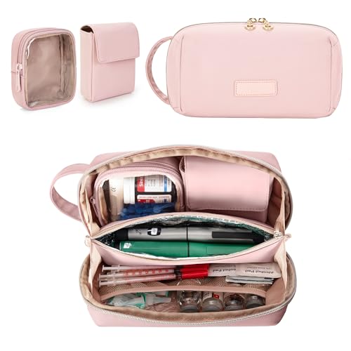 YARWO Diabetic Supplies Travel Case Insulated Diabetes Storage Bag for Glucose Monitor Insulin Syringes Test Strips Lancets Ice Packs & Other Diabetic Kits Dusty Rose (Bag ONLY)