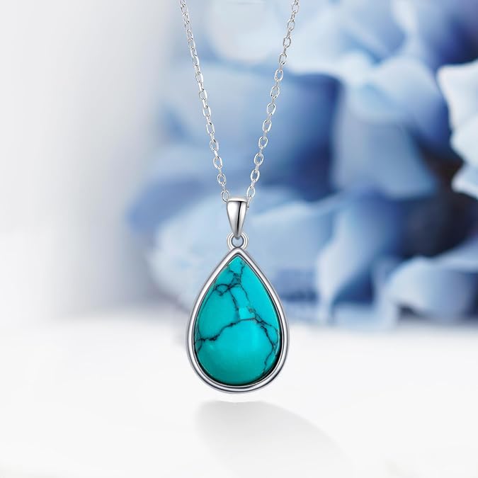 Genuine Turquoise Necklace for Women S925 Sterling Silver Pear Cut Turquoise Pendant Jewelry Gift for Mom Her4