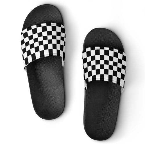 Black And White Checkerboard Womens Slide Sandals Non Slip Summer House Slippers for Girls Slip-on Flip Flops
