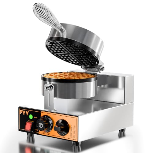 Image of PYY Commercial Waffle Maker - 1300W Non-stick Waffle Iron, 20Pcs /H Stainless Steel Round Belgian Waffle Machine, Time Control and Temperature Adjustable, for Home Kitchen, Breakfast Restaurant
