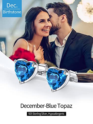 December Birthstone Stud Earrings Blue Topaz Cubic Zirconia Cz Heart Earring Studs Hypoallergenic 925 Sterling Silver Earrings For Sensitive Ears #TOP3