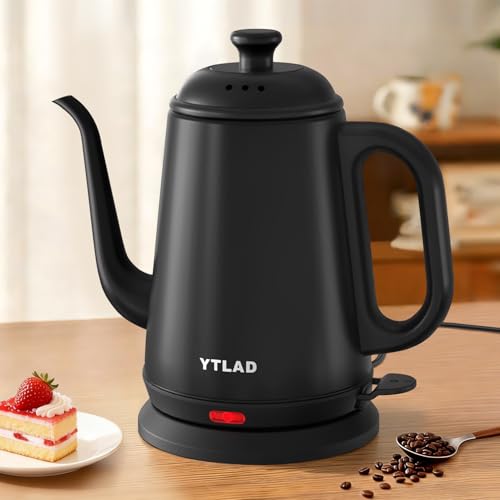 YTLAD Gooseneck Electric Kettle 1L, 1000W Fast Boiling for Pour-Over Coffee & Tea, 304 Stainless Steel BPA-Free, Precise Flow Spout, Auto Shut-Off & Boil-Dry Protection, Retro Style (Black)