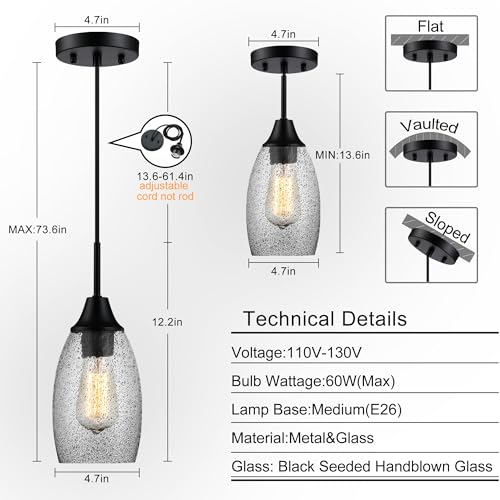 Image of Viinew Mini Glass Pendant Light,3-Pack Black Glass Hanging Light