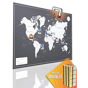 VACENTURES Magnetisch prikbord wereldkaart XL”DARK” incl. 2 x 15 magnetische pinnen I Markeer uw reisbestemmingen I verzamel foto’s en magneten I Magneetposter DIN A1 – wereldkaart