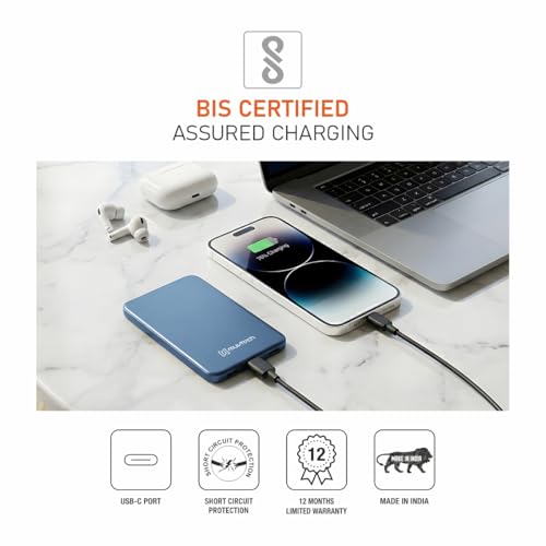 Image of Muvtech Aeroslim 5000mAh Slimmest Magnetic Wireless Power Bank, Metal Body, Ultra Slim Mini Pocket Size, 20W Fast Charging, Type-C in /Out for iPhone, Samsung & Pixel