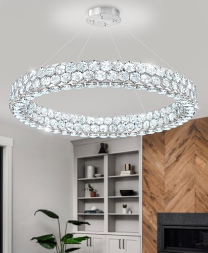 Modern Ring Chandelier, Crystal Chandeliers for Dining Room Round LED Ceiling Light Fixture for Living Room Bedroom Lighting Dimmable with Remote Ring Lights, 32inch Width
