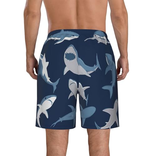 Blue Cartoon Shark Print Men's Swim Trunks | Quick Dry Drawstring Beach Shorts3