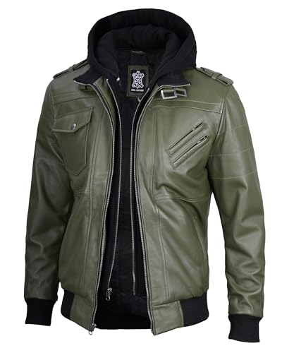 Image of Decrum Mens Leather Jacket - Detachable Hood Stylish Real Lambskin Leather Bomber Jacket Men