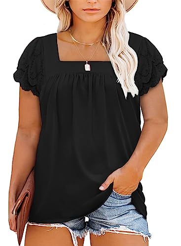 Eytino Womens Plus Size Tops Ruffle Short Sleeve Square Neck Summer Loose Casual Tee Shirts(1X-5X)