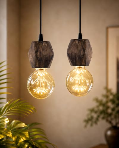Image of HomesakeWooden Walnut Finish Hanging Holder Lamp, Hexagon, Set of 2