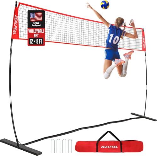 ZEALFEEL Volleyball Net, 12FT Training Set with 3-Level Adjustable Height (8'/7.4'/6.6'), Freestanding Portable Practice Net for Backyard, Serving & Spiking Drills, with Carry Bag for Outdoor & Indoor