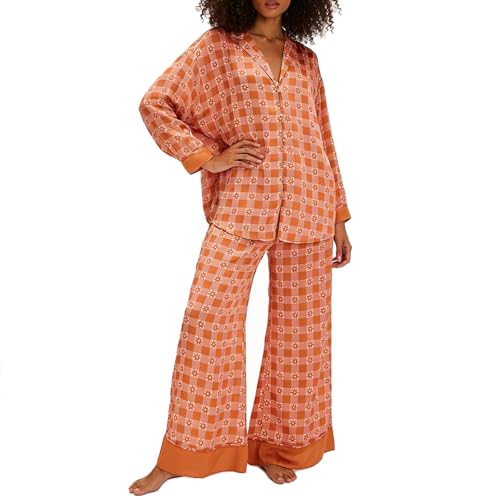 Image of Women Satin Pajama Set Floral Silk Pajamas 2 Piece Lounge Sets Button Down Shirts Wide Leg Pants Pjs Sleepwear
