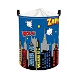 Clastyle 45L Large Blue City Skyline Kid Laundry Hamper with Handle Hero Building Silhouettes Clothes Toy Storage Basket with Lid for Nursery
