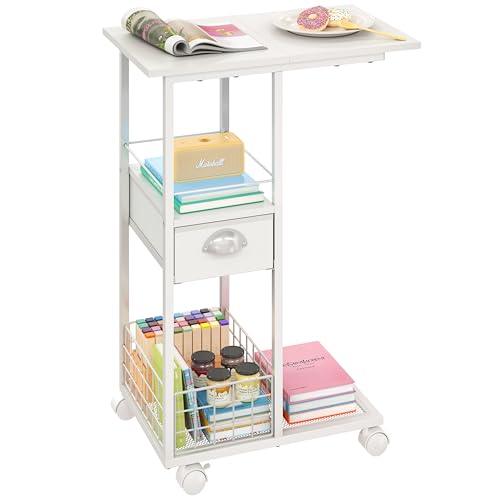 Rolling Side Table with Storage Drawer, White Bedside Table with Wheels, TV Tray for Sofa, Portable Desk on Wheels, Modern Night Stand, Overbed Table for Bedroom, C Shaped End Tables Living Room by Sonyabecca - Used condition - US$40.47