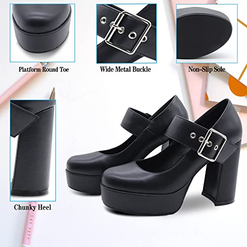 Mubupuxu Women's Cute Platform Thick High Heels Round Toe Mary Janes Pumps Female Buckle Ankle Strap Dress Goth Shoes(Black,Us,Size 6.5) #TOP5