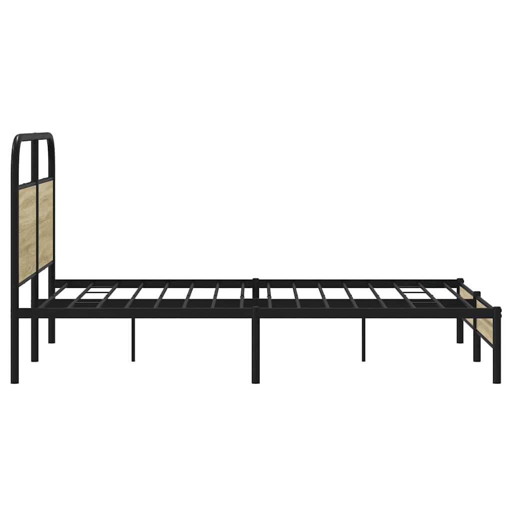 Estructura de cama de metal de 120 x 200 cm, sin colchón, cabecero de roble Sonoma, diseño moderno, marco de acero, somier de láminas de 27 cm de altura, para dormitorio y habitación de