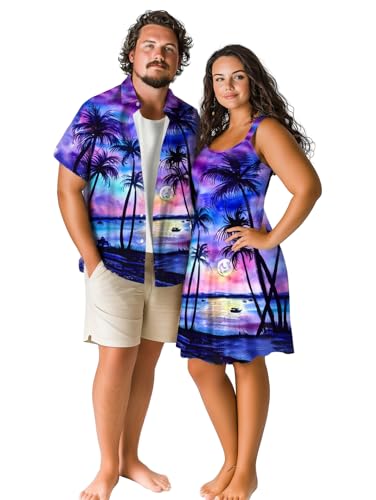 Image of ROSE GAL Matchable Couple Hawaiian Tie Dye Coconut Tree Print Shirt or Plus Size Knee Length Fit and Flare Tank Dress