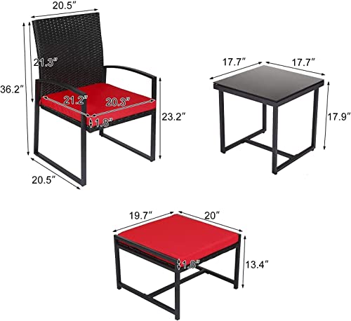 Kinbor Outdoor Chair With Ottoman - Wicker 5 Piece Patio Furniture, Rattan Patio Table And Chairs Set, Balcony Furniture Set For Poolside, Garden, Porch, Red #TOP4