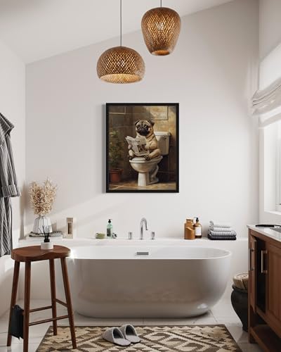 Image of Pug on Toilet Black Framed Wall Art Print Poster, Dog Bathroom Humor Decor Posters Prints for Restroom Home Picture Painting Artwork Gallery 7 (Pug, 10 inchL x 8 inchW, Black Frame)