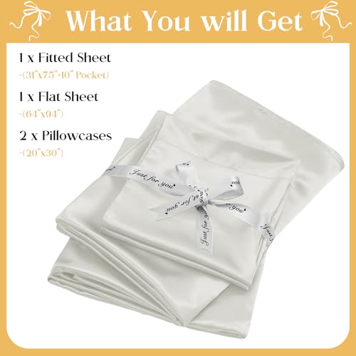 Image of SiinvdaBZX 4-Piece Cot Sheet Set 31 inch x 75 inch, Ivory White Satin Cot Size Sheets Silky Soft Rv Bunk Bed Sheets for Narrow Twin /Camp Bunk /Guest Beds /Army Cots /Trifold Mattress