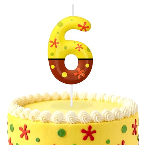 Yellow Number 6 Birthday Candles, Ocean Cartoon Themed Cake Topper for Boys Girls Cake Decorations, Cupcake Toppers, Birthday Decorations Party Supplies, Number Candles for Party Decor