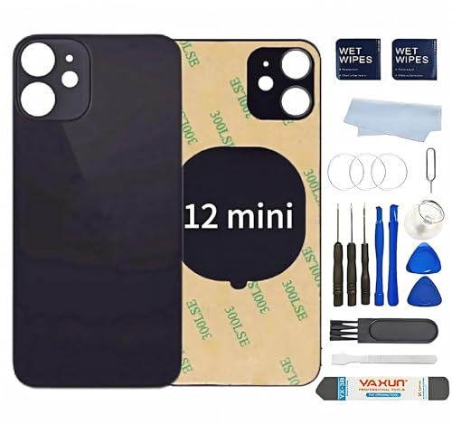 XPXEXNS Back Glass Replacement for iPhone 12MINI 5.4inch ​Back Cover with Pre-Installed 3M Tape +Tools (Black, iPhone 12 Mini)