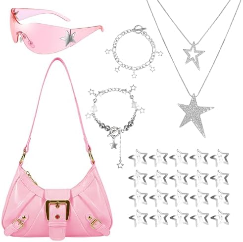 YTDYQFLZH Y2k Accessories for Women, Set Included Pink Y2k Purse, 20 Pcs Silver Star Hair Clips, Star Bracelet, Y2k necklace and Pink Y2k Sunglasses, Grunge Accessories for Most People