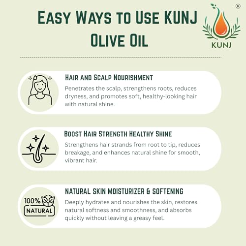 Image of KUNJ Olive Oil (Olea europaea) 100ML - 100% Pure & Natural, Cold Pressed, Undiluted - Therapeutic Grade Carrier Oil for Skin Care, Hair Nourishment, Massage & Hydration