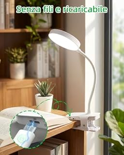 Luce per Lettura Libri a Letto, Lampada da Lettura, Luce da Lettura, Lampada Senza Fili 6 Colori e 5 Livelli Di Luminosità, Flessibile a 360° con Collo d'Oca, Cri 80, Lampada con Pinza per Studiare
