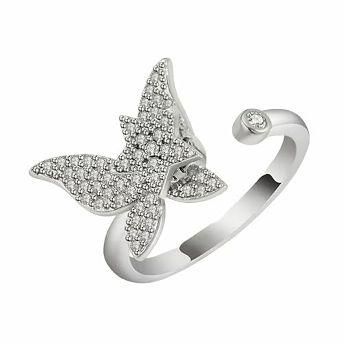 Unified Jewellery Anillo giratorio de mariposa de tono plateado para mujer, anillo giratorio ajustable con circonitas cúbicas transparentes, joyería de mariposa brillante B340