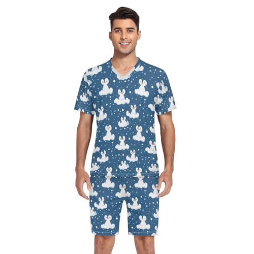 Cute Penguin Men’s Pajama Sets Short Sleeve Lounge Wear with Elastic Waistband and Drawstring4