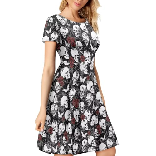 Image of HUGS IDEA Womens Puffy Swing Midi Dress Round Neck Short Sleeve Party A-Line Dresses