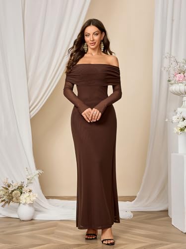 Colysmo Women Long Sleeve Mesh Off Shoulder Bodycon Maxi Dress Formal Wedding Guest Fall Dresses for Women 20254
