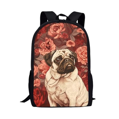 Pug Red Peony Travel Backpack for Girls Boys School Backpack Kids Laptop Backpack