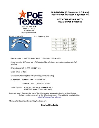 Inyector y divisor pasivo PoE Texas POE-IO-135 con conector DC de 1,35 mm x 3,5 mm y Ethernet 10/100 vía RJ45 miniatura 4