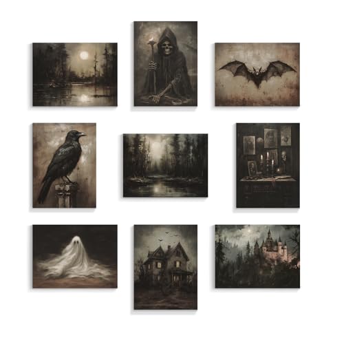 9 carteles de Halloween 20 x 25 cm, decoración de pared de la Academia Oscura, bruja fantasma,...