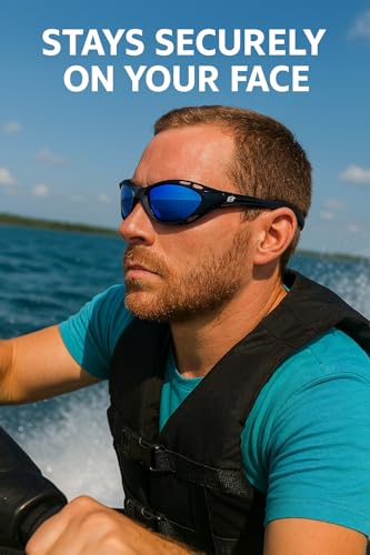 Birdz Eyewear Seahawk Padded Polarized Sunglasses Jet Ski Kayaking Watersports Jetski Goggles with Built in Strap Black Frame with Blue Mirror Lens3