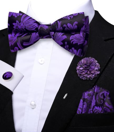 Image of Dubulle Mens Paisley Striped Bowtie Set Pre-tied Bowtie for Men and Pocket Square Set Wedding Business