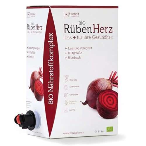 fitrabbit Bio Rüben Herz - para la presión arterial, vasos sanguíneos y rendimiento. orgánico. Concentrado de remolacha + granada + cereza agria + hierbas y especias + acerola (1 bolsa de 3 Litros)