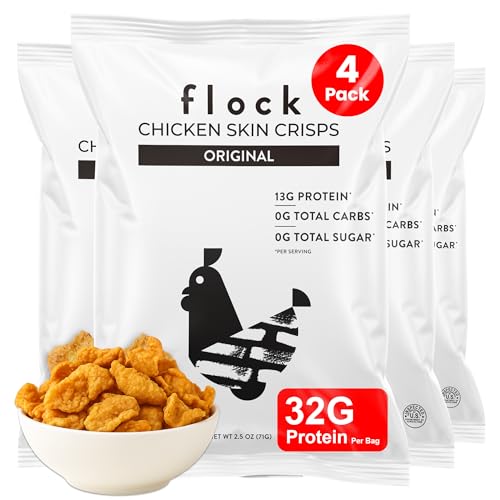 Flock Keto Chicken Skin Chips Big bags | Original Flavor | Low Carb High Protein Gluten-Free Chicken Crisps Large bags Keto Snack Protein Crackers family size Diet Snacks 4-Pack (2.5oz)