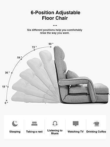 Kealive Floor Chair Indoor Adjustable 6-Position Chaise Lounge Folding Padded Gaming Chair Portable Lazy Sofa Lounger Bed with Armrests and a Massage Pillow (Gray)