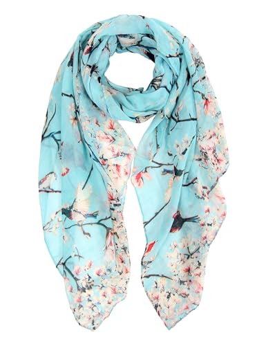 DiaryLook Women Lightweight Scarf Green Bird Neck Scarf Gifts for Ladies Butterfly Print Long Scarves Floral Design Shawl Wrap