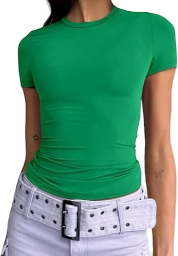 Damen T-Shirt Basic Kurzarm Crop Top Y2K Slim Fit Oberteile Casual Rundhals...